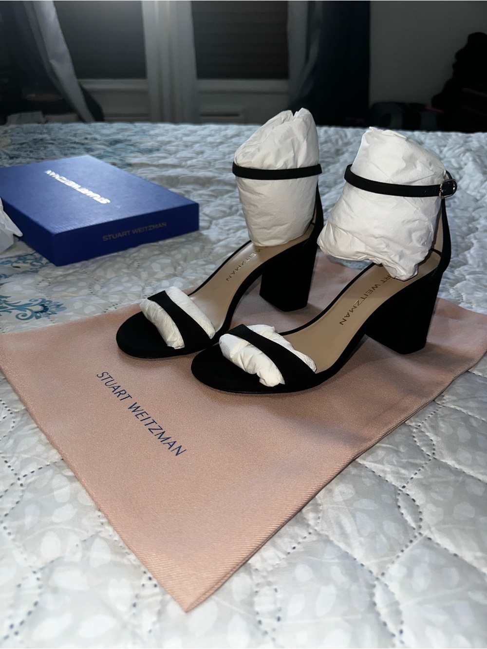 Stuart Weitzman Black Suede Ankle-Strap Block Heels